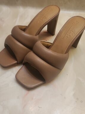 Padded Square-Toe Slide Mules in Tan